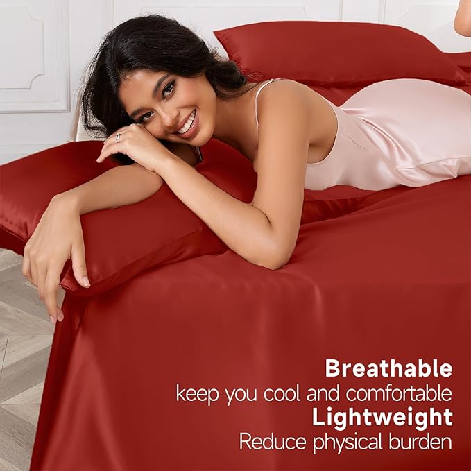 THXSILK Luxury Mulberry Silk Bed Sheets Set - 4pcs Silk Sheets Set 16" Deep Pocket - 1 Fitted Sheet, 1 Flat Sheet, 2 Pillowcases with Zipper Closure - Full, Red/Crimson