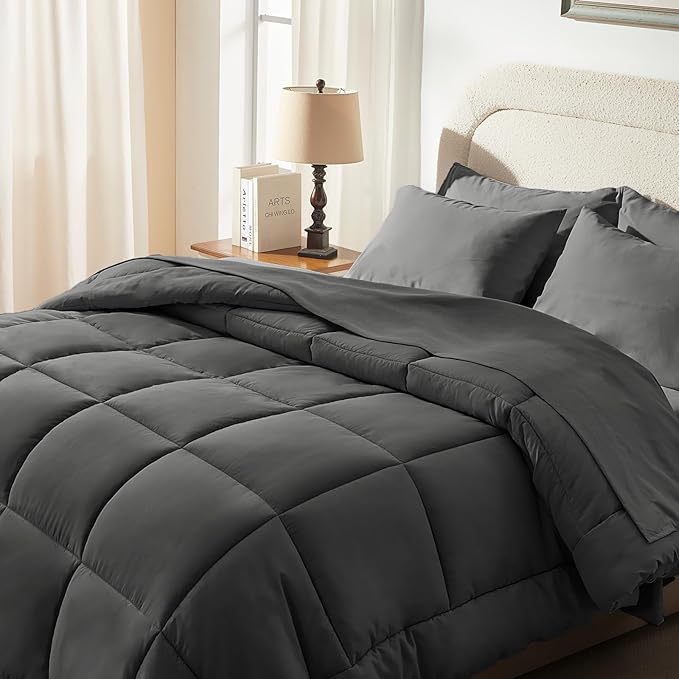 SunStyle Home Dark Grey Full/Queen Comforter Set - 7 Pieces Bed in a Bag, Lightweight Goose Down Alternative Bedding Sets with All Season Comforter, 1 Flat Sheet, 1 Fitted Sheet, 4 Pillowcases