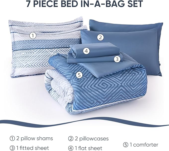 Drucon 7 Piece Striped Comforter Set Queen Size Light Blue Bed in a Bag, Soft Microfiber Complete Bedding Set with Sheets for All Season
