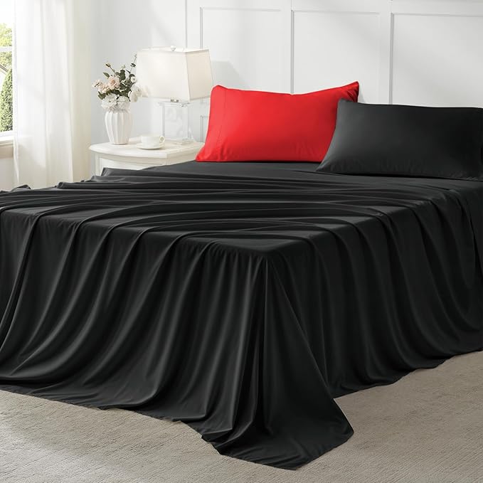 Anluoer King Size Comforter Set 7 Pieces, Reversible Bed in a Bag King Size,Lightweight Bedding Set with 1 Comforter(102*90") , 2 Pillow Shams, 2 Pillowcases, 1 Flat Sheet , 1 Fitted Sheet,Red & Black