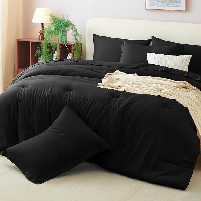 CozyLux Full Comforter Set Black, 7 Pieces Bed in a Bag Soft Bedding Comforter Set with Sheets, All Season Boho 7PC Bed Sets with Comforter, Fitted Sheets, Flat Sheets, Pillow Shams and Pillowcases