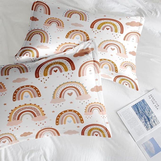 Comforter Set Queen Size, Boho Rainbow Pink Soft 3 Pcs Bedding for Kids and Adults, Love Colorful Nursery Comforter Set with 2 Pillowcases, for Bedroom Bed Decor