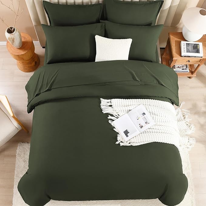 Litanika Super King Comforter Sets Olive Green - 7 Pieces Bed in a Bag Oversized King Bedding Comforter Sets, Solid Lightweight Bed Set with Comforter, Sheets, Pillowcases & Shams