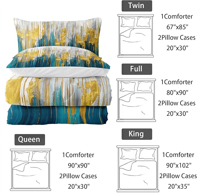 Lake Blue White Golden Gradient Print Comforter Set Queen Size,Abstract Art Bedding Set,Patchwork Printed Quilted Set for Teens Adult,with 1 Comforter and 2 Pillow Case