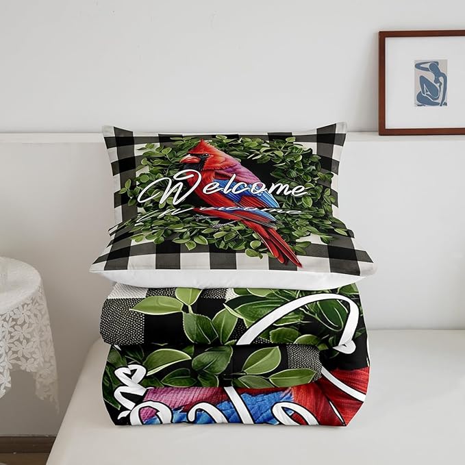 Erosebridal Red Cardinal Comforter Garden Botanical Plant Bedding Set Queen Rustic Farmhouse Black White Buffalo Plaid Comforter Set for Kids Adults Nature Country Quilt Duvet Soft Lightweight
