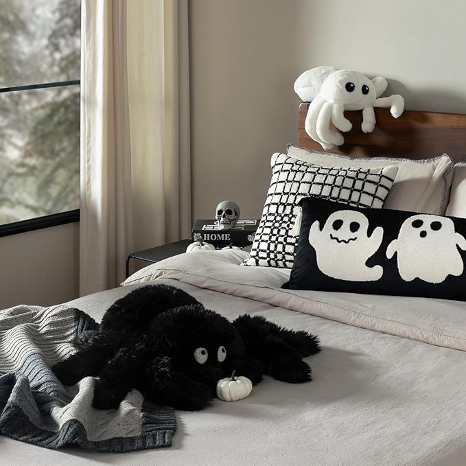 Phantoscope Happy Halloween Spider Shaped Throw Pillow, Faux Fur Fluffy Tarantula Shaped Halloween Cushion Pillow, Black, 9 x 16 inch