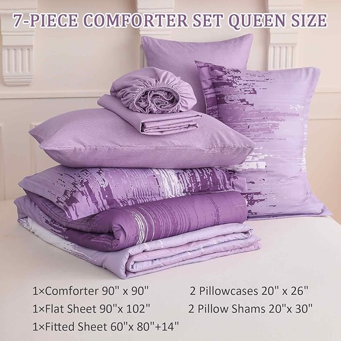 WONGS BEDDING Comforter Set Queen, Ombre Purple 7 Pieces Bed in a Bag Colorful Abstract Art Gradient Comforter Soft Microfiber Bedding Set with Flat Sheet, Fitted Sheet, Pillow Shams, Pillowcases