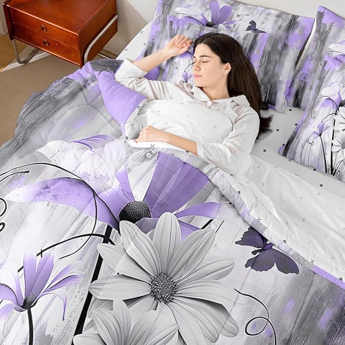 Feelyou Girls Daisy Flower Comforter Set with Sheets King Size 7 Pieces Kids Vintage Floral Butterfly Bedding Set for Boys Women Teens Purple Grey White Simple Modern Abstract Art Bed in a Bag