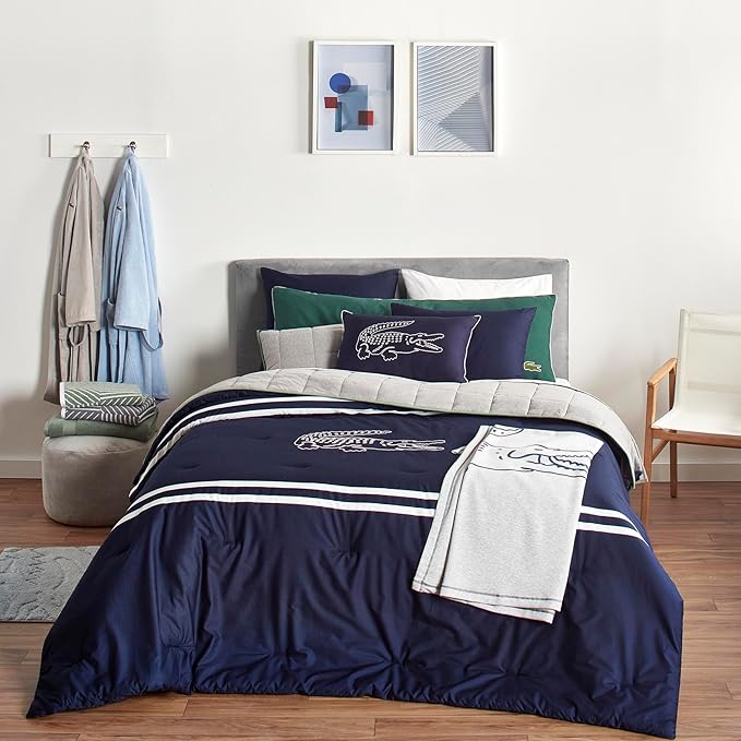 Lacoste Big Croc Decorative Pillow – 16" x 24" Throw Pillow for Bed Sofa Couch, Embroidered Crocodile Logo, 100% Brushed Twill Cotton Cover Fabric, Machine Washable, Navy