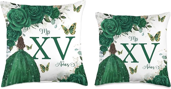 Emerald Green Floral Quinceañera Mis XV Años Throw Pillow Throw Pillow