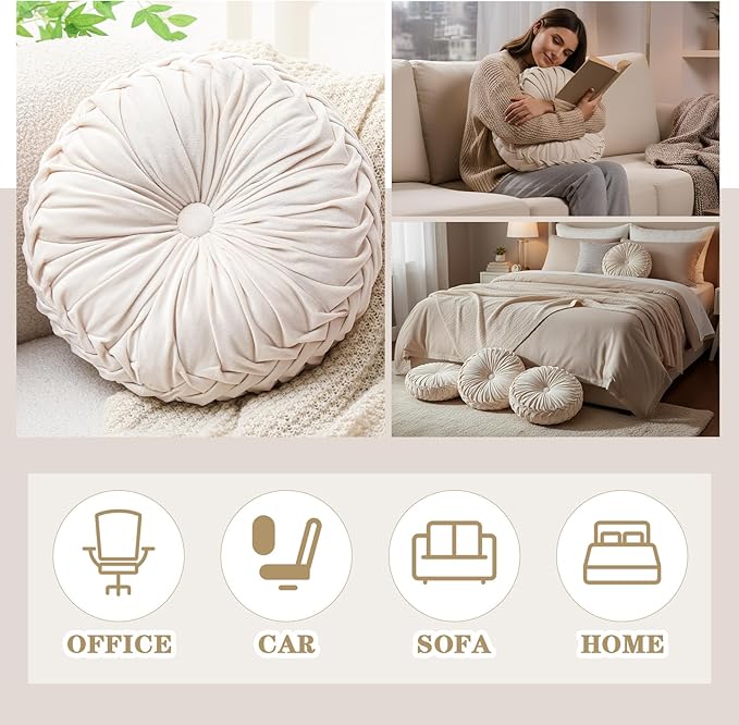 Round Throw Pillows Decorative Pleated Throw Pillows 15'' Diameter Accent Pumpkin Boho Chair Cushion for Couch Sofa Home Decoration(Velvet,Beige,1 Pcs)