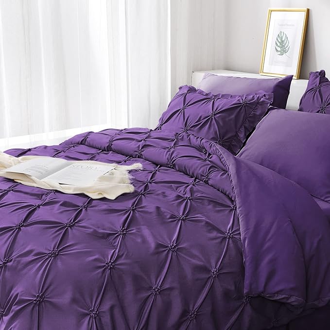 JOLLYVOGUE Purple Twin Size Comforter Sets 5 Pieces, Pintuck Bed in a Bag Comforter Set for Bedroom, Bedding Comforter Sets with Comforter, Sheets,Ruffled Shams & Pillowcases