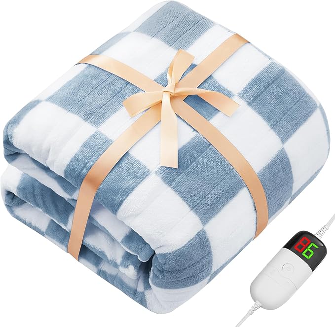 Heated Electric Blanket Twin Size, 62X84 Heating Blanket with 10 Heat Level & 8 Hours Auto Off, Misty Blue Checkered Plaid Soft Fleece Sherpa Blankets Warmer Gifts for Couch Grandma Women Adults