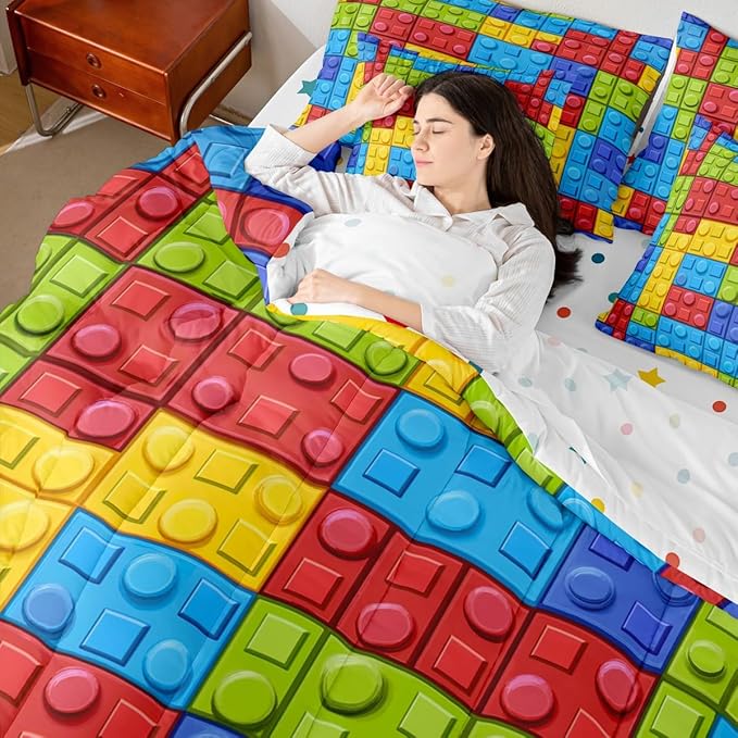 Feelyou Colorful Toy 7 Piece Bedding Set Teen Women Men Funny Building Blocks Decoration Comforter Set with Sheets King Size Kids Boys Colorful Geometric Brick Bed in a Bag Cute Games Room Decor