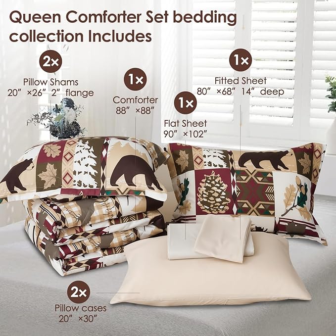 Comforter Set Queen Size Plaid Patchwork Comforter Bedding-7 Piece Bed in a Bag,Soft Reversible Bear Moose Microfiber Bedding Set(1 Comforter,1 Flat Sheet,1 Fitted Sheet,2 Pillowcases,2 Pillow Shams)