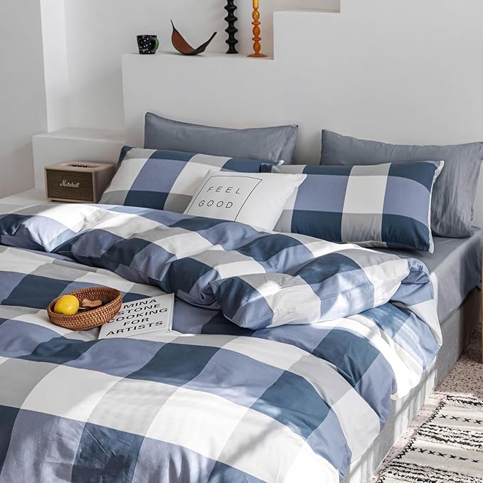 mixinni Twin XL Comforter Set Soft Fluffy Modern Style Checkered Pattern Comforter for Boys Mens, 1 Blue White Grey Geometric Comforter and 2 Pillowcases, All Seasons-Twin XL Size