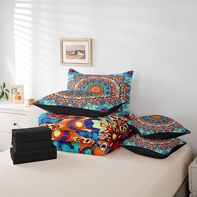 Boho Mandala Comforter Set Art Deco Vintage Bedding Comforter Sets, Retro Bohemian Bed in a Bag Paisley Bedding King Size 7pcs, Oriental Medallion Bedding Accessories Colorful Aesthetic Bedroom Decor