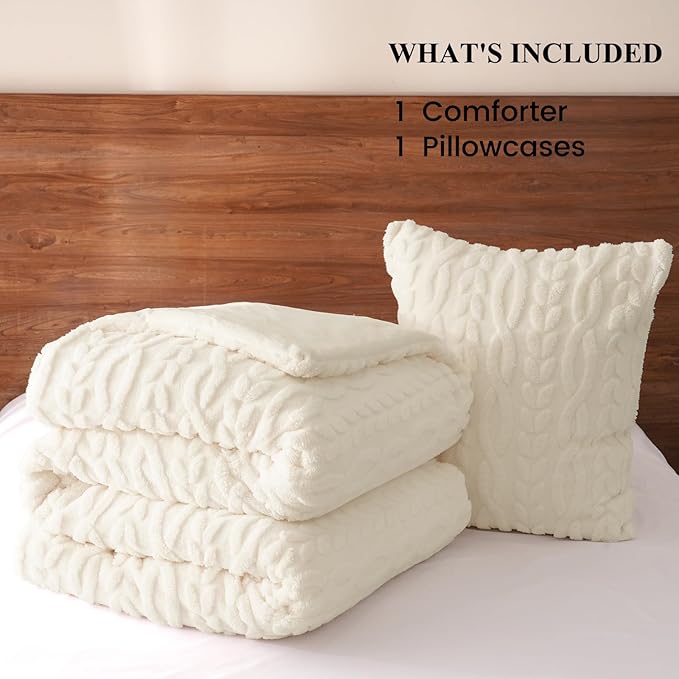 PHF Fluffy Sherpa Fleece Twin Comforter Set, 2 Pieces Warm Fuzzy Soft Bedding for Winter, 3D Tufted Flannel Plush Shaggy Bed Set, 1 Comforter (68"x90") and 1 Pillowcase (20"x26"), Cream
