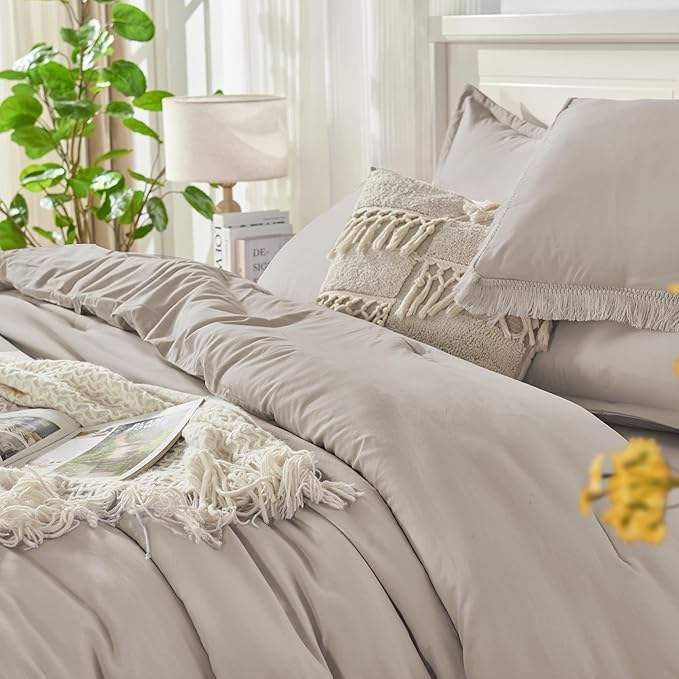Andency Full Size Comforter Set Heather Grey -7 Pieces Boho Tassel Bed in a Bag Soft Lightweight Bedding Sets, Fringe All Season Bed Set with Comforter, Sheets, Pillowcases & Shams