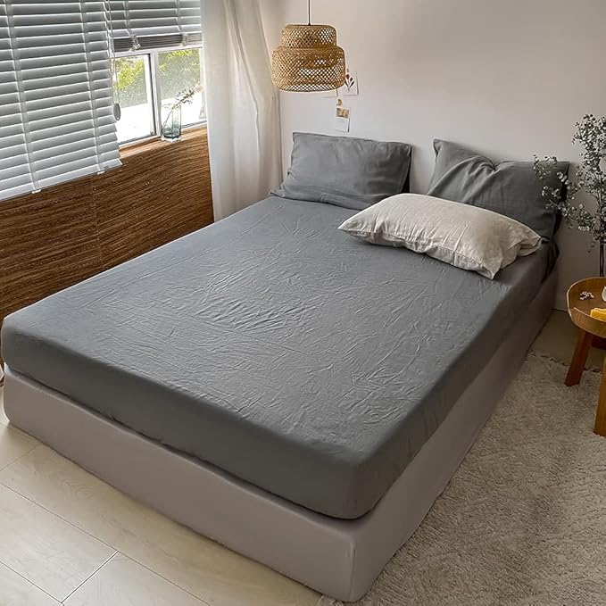 Simple&Opulence Washed Linen Bed Sheet Set Basic Style 4 Pieces (1 Flat Sheet & 1 Fitted Sheet & 2 Pillowcases) 100% Natural French Flax Soft Breathable Farmhouse Bedding (Queen, Ultimate Gray)