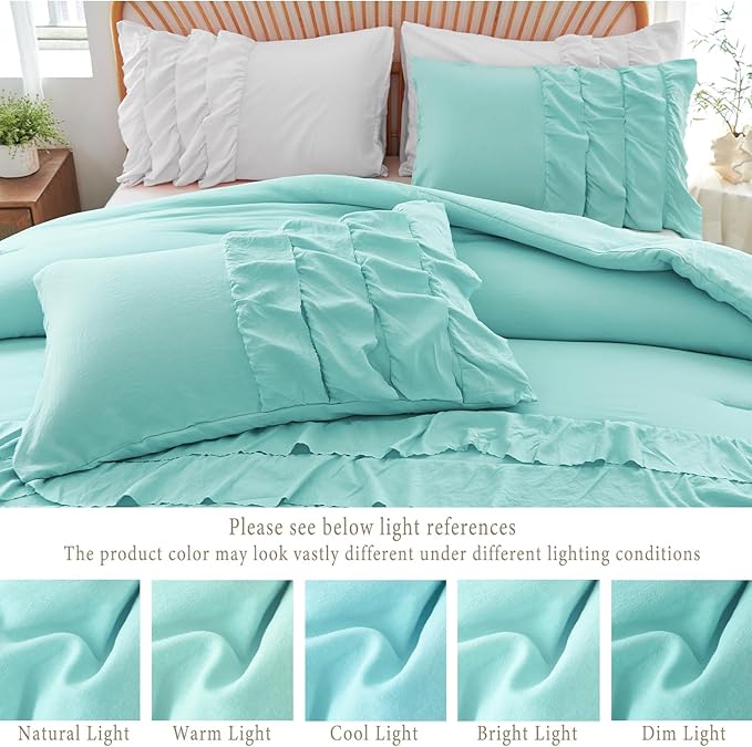 PERFEMET Boho Teal Comforter Set, 3 Pieces Girls Twin Bedding Set, Multi Layers Ruffle Bed Set for Kids Teens, Washed Microfiber Farmhouse Princess Bedding Comforter Sets (Teal,Twin)