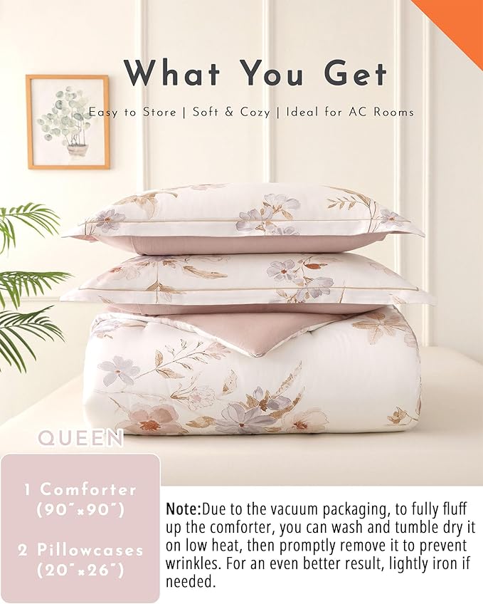 Vintage Natural Cotton Comforter Queen Size 3Pcs - Brown & Lilac Gray Branches and Soft Blush Flowers on Off-White, Lightweight Reversible Floral Bedding Sets(Full/Queen,90"×90")