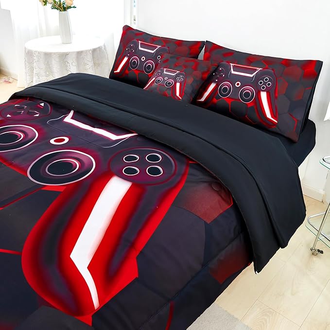 URBONUR Game Comforter Sets for Boys Teens 6Pcs Full Size Game Console Bedding Set for Kids Teenage Men Bedroom Decor Children Bed Comforters(Black Red, Full)