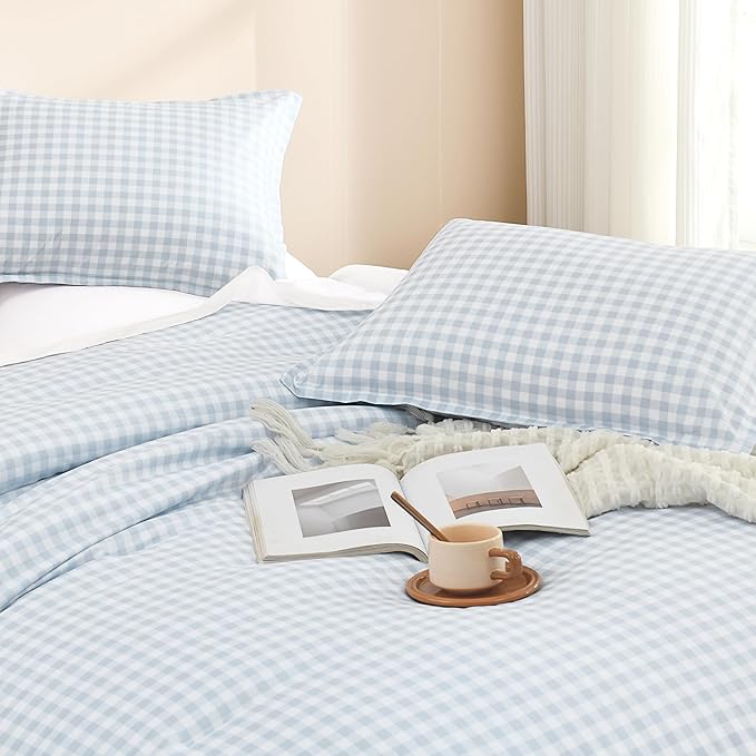 Andency Light Blue Gingham Comforter Set Twin(66x90Inch), Checkered Grid Plaid Buffalo Bed Set for Girls Boys Kids Teens, 2 Pieces Lightweight Microfiber Geometric Preppy Bedding