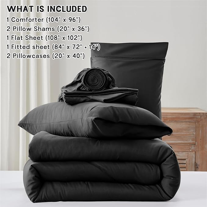 Anluoer Black California King Comforter Set 7 Pieces, Bed in a Bag with Sheets, All Season Bedding Sets with 1 Comforter, 2 Pillow Shams, 2 Pillowcases, 1 Flat Sheet, 1 Fitted Sheet