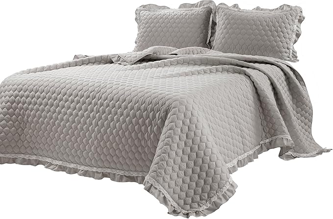 Lush Decor Ella Ruffle Lace Quilt, 3 Piece Set, King, Light Gray - Cute Quilt - King Bedding Set - Gray Bedding - Coquette Decor - Ruffle Trim - Lace Trim
