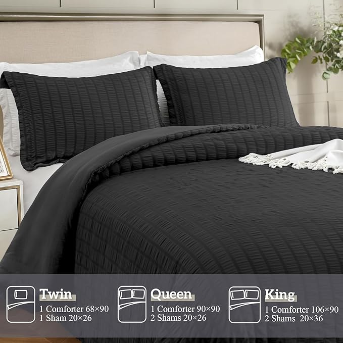 satisomnia King Comforter Set Black, Soft Seersucker Comforters King Size Bed, 3 Pieces Lightweight Down Alternative Bedding Comforter Sets All Season, Fluffy Comforter with 2 Shams 106x90 in
