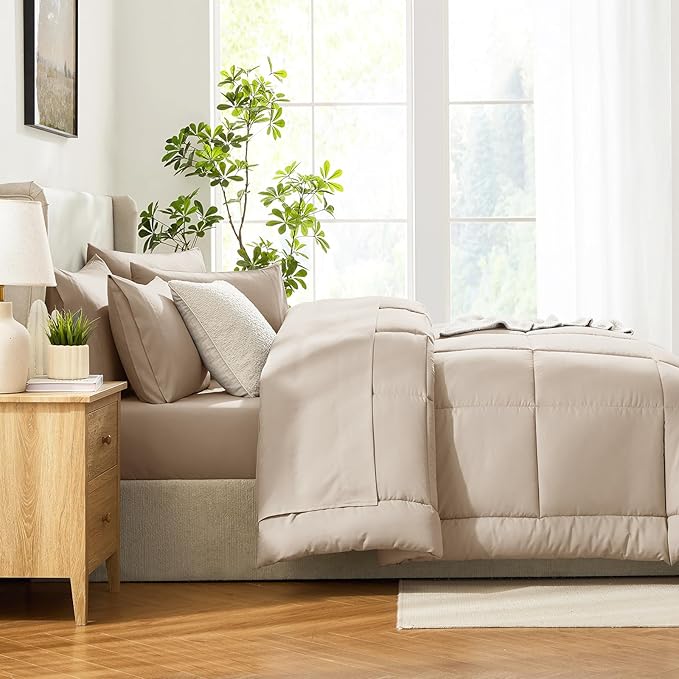 CozyLux Full Size Comforter Set Wheat, 7 Pieces Bed in a Bag, Wheat Comforter Full Size, All Season Bedding Sets with Stitch Quilted Comforter, Flat Sheet, Fitted Sheet, Pillowcases