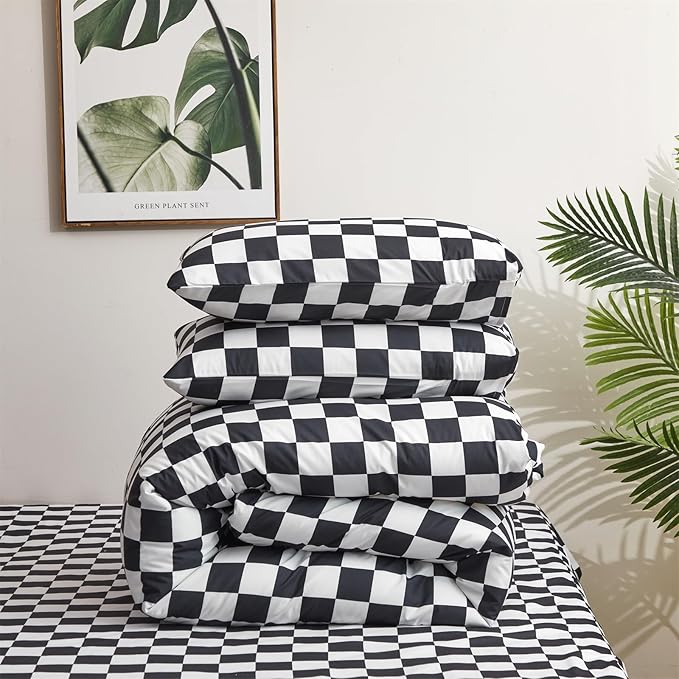 Pureant Black White Plaid Comforter Set Twin Size Black Checkerboard Grid Bedding Comforter Women Men Grid Quilts Soft Modern Black Buffalo Grid Comforter Boho Checkered Geomertic Bed