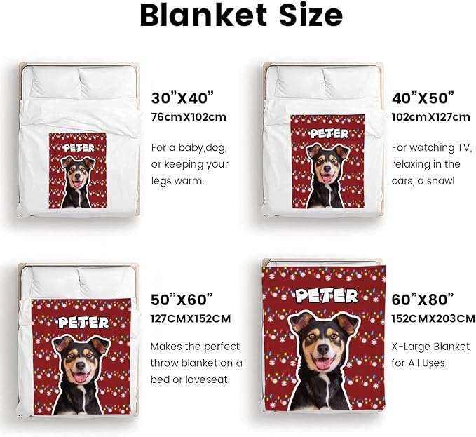Personalized Christmas Blanket with Pet's Picture & Name, Custom Puppy Photo Collage Throw Blanket, Pet Memorial Blanket Gift for Cat & Dog Lovers, Gifts for Dog Mom & Dad