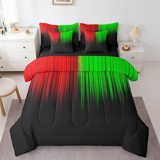 Feelyou Abstract Ombre Comforter Set with Sheets Kids Teens Red Green and Black Girls 7 Piece Bedding Set Room Decor Fashion Modern Women Bed in a Bag Bedroom Collection Full Size