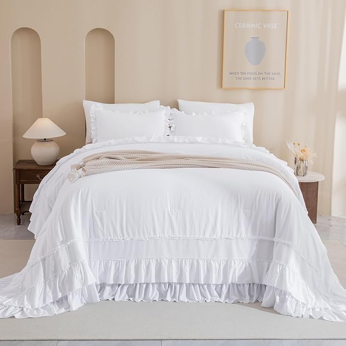 Masaca Oversized King Comforter 120x120,Farmhouse Shabby Boho Chic Bright White Ruffle California King Comforter Set French Country Rustic Bedding 3PCS (1 Ruffled Comforter+2 Pillow Shams)