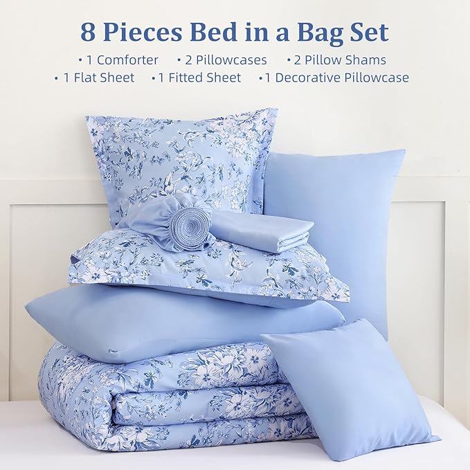 WONGS BEDDING King Size Comforter Set, 8 Pieces Blue Floral Bed in a Bag Comforter Sets, Botanical Print Soft Fluffy Microfiber Complete Bedding Sets for All Season (90"x104")