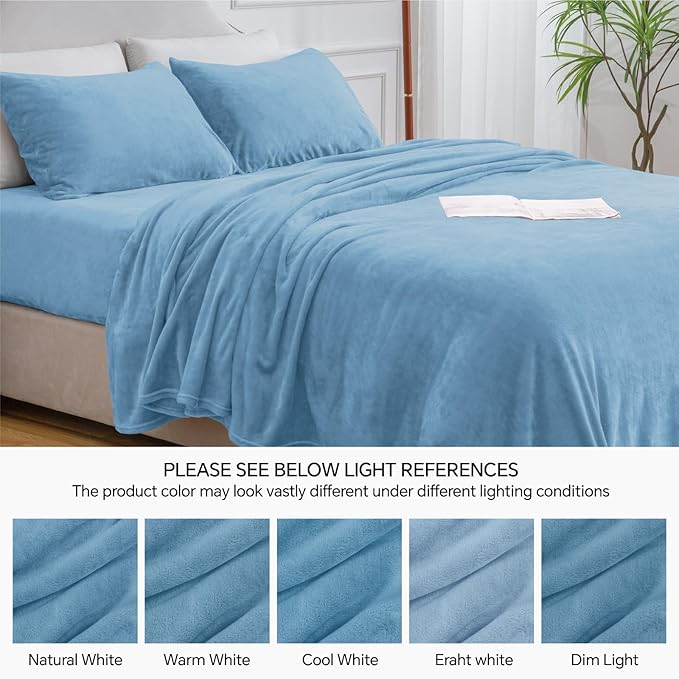BEDELITE Flannel Sheets King Size Forever Blue - Super Soft Fleece Sheets Set Fluffy Extra Plush, 4 Piece(Include Fitted Sheet, Flat Sheet, 2 Pillowcases)