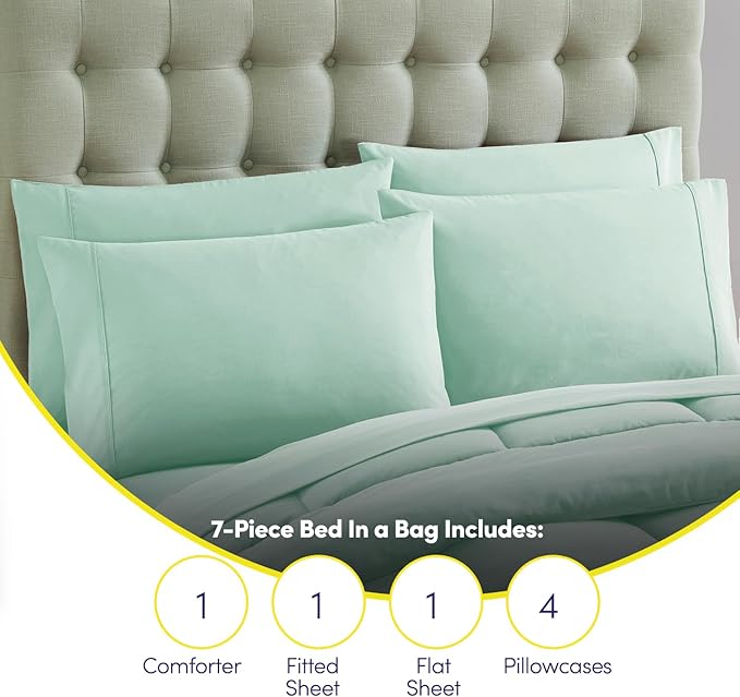 Sweet Home Collection 7 Piece Comforter Set Bag Solid Color All Season Soft Down Alternative Blanket & Luxurious Microfiber Bed Sheets, Mint, Full