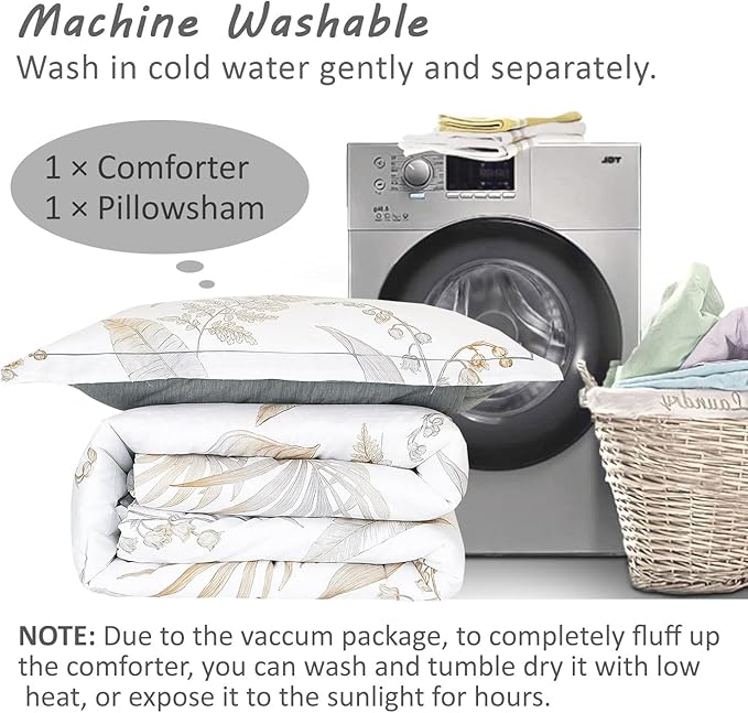 Natural Cotton 2pcs Floral Comforter Sets Twin Size-Gray Comforter with Luxurious Brown Branches and Taupe & Gray Leaves on White, Reversible Lightweight Bedding Sets(Twin 68"×90")