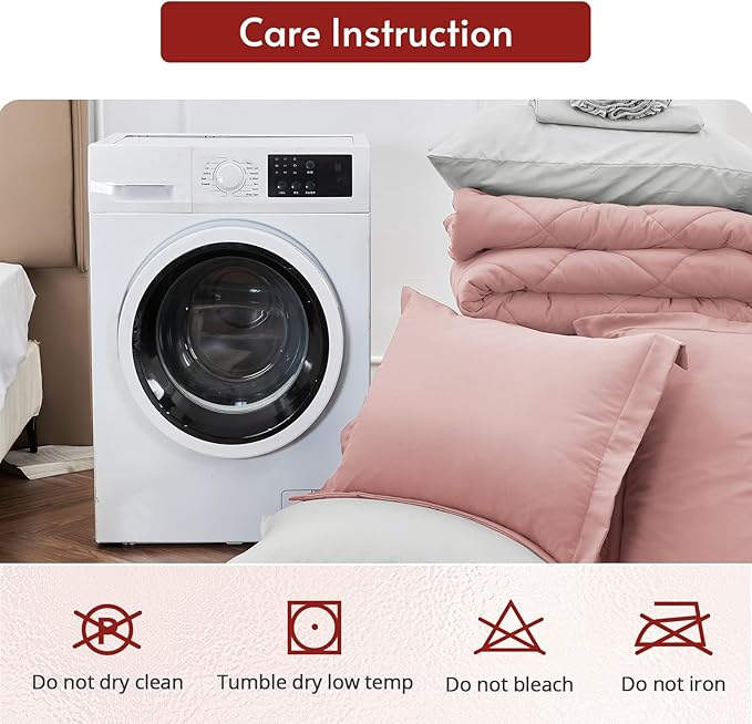 MUXHOMO 7 Pieces Oversized Queen Comforter Set, Reversible Bed in a Bag Oversized Queen Size, All Season Bedding Set with Comforter, Flat Sheet, Fitted Sheet, Pillowcases & Shams, Pink & Light Grey