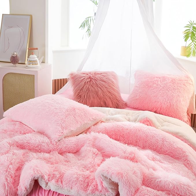 UOZZI BEDDING Pink Faux Fur Comforter Set Twin 3 Pieces - 1 Shaggy Comforter Set 68x86 and 2 Pillowcases, Ultra Soft and Easy Care Luxury Plush Shaggy Duvet Set for Girls Women Princess Style
