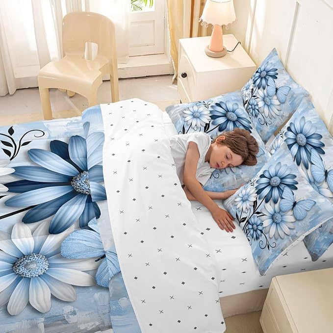 Feelyou Blue Floral Comforter Set With Sheets 7 Piece Full Size Daisy Blossom Flowers Pattern Bedding Set for Kids Boys Girls Abstract Geometric Art Bed in a Bag Room Decor Soft Lightweight Microfiber
