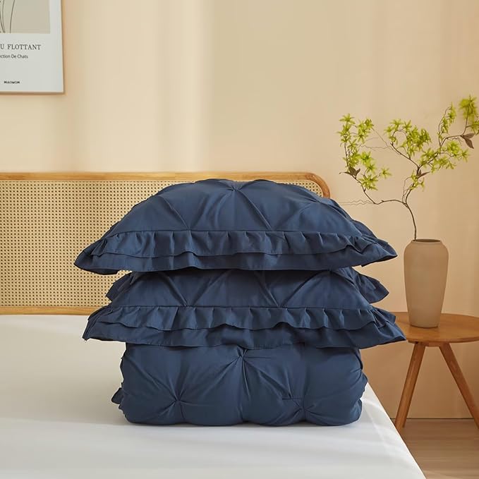 Navy Blue Comforter Sets for All Seasons Twin XL Duvet Insert Ruffled Pinch Pleated 3 Pieces Washed Bed Quilt Set Solid Pintuck Soft Lightweight Bedding Set with 1 Comforter and 2 Pillowcases