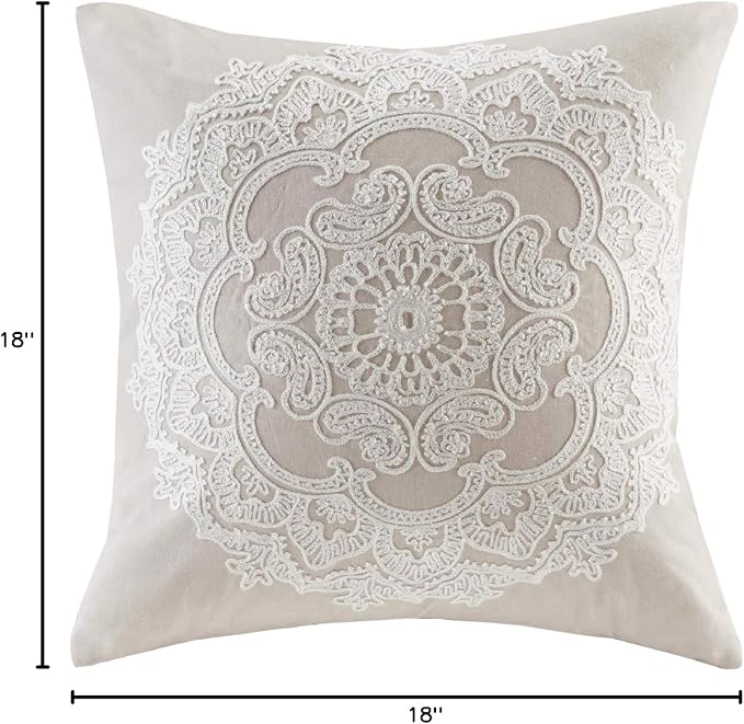 Harbor House Modern Design Decorative Pillow Hypoallergenic Sofa Cushion Lumbar, Back Support, Square 18" x 18", Suzanna, Cotton Medallion Taupe