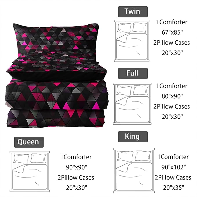 Geometric Pink Black Comforter Set,Triangle Honeycomb 3 PCS Bedding Set Full Size for Teen Adult,Modern Quilt Set Geometry Decor,Microfiber Lightweight 1 Comforter 2 Pillowcases