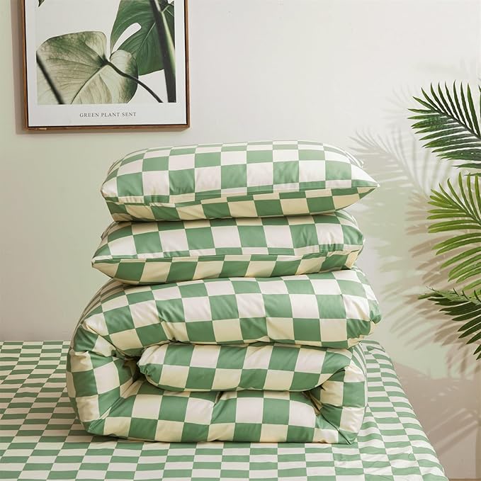 KAREVER Green White Grid Comforter Set Full Sage Green Plaid Bedding Set Girls Light Green White Checkered Bed Set Breathable Blanket Set Kids Durable Bedding Comforter Set
