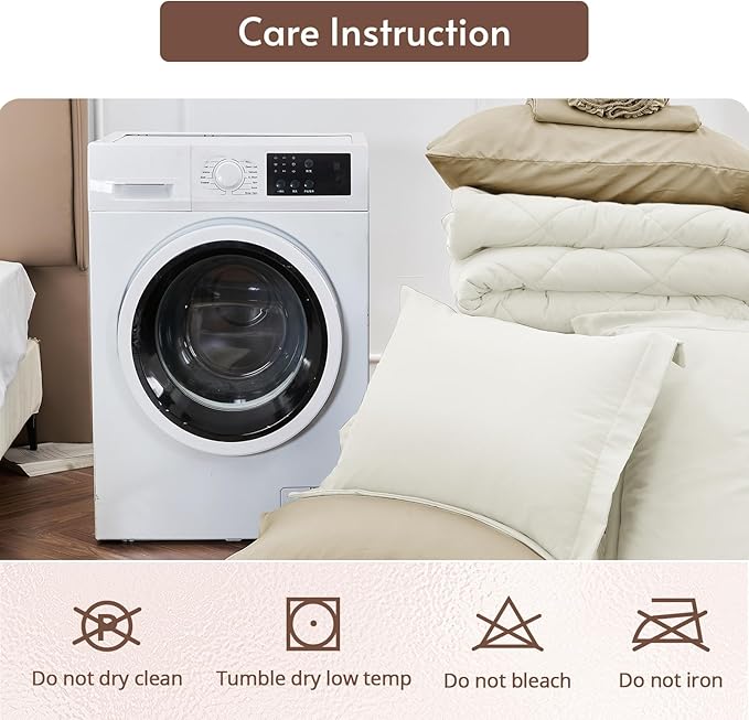 MUXHOMO 7 Pieces Queen Comforter Set, Reversible Bed in a Bag Queen Size, All Season Bedding Set with Comforter, Flat Sheet, Fitted Sheet, Pillowcases & Shams, Ivory & Khaki