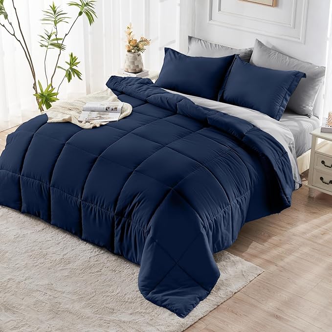 JOLLYVOGUE Queen Comforter Set, Ultra-Soft Bed in a Bag Queen Size 7 Pieces, Oeko-TEX Certified Bedding Set with Down Alternative Comforter, Sheets, Pillowcases & Shams, Navy Blue & Light Grey