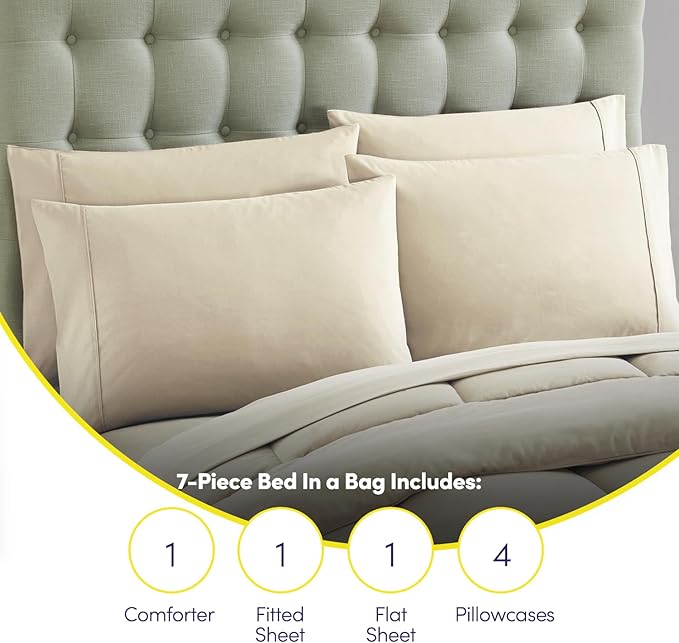Sweet Home Collection 7 Piece Comforter Set Bag Solid Color All Season Soft Down Alternative Blanket & Luxurious Microfiber Bed Sheets, Beige, Full